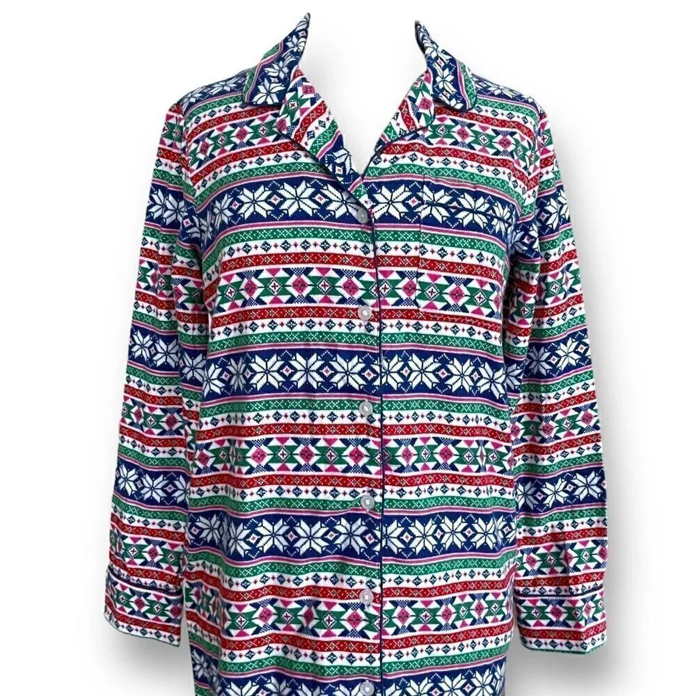 Lands End Womens Nightgown XS 2 4 Cotton Flannel Fair Isle Print Nightshirt PJs